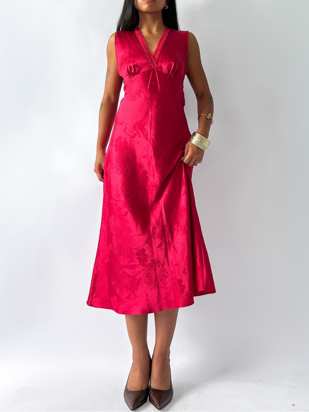 Vintage Red Satin Tie-Back Midi Dress with Floral Jacquard - Size Small